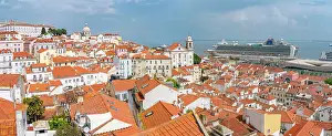 Alfama Prints: View of cruise ship in port and terrakotta rooftops in Alfama