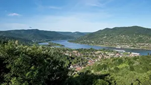 Danube Prints: View of the Danube Bend from Visegrad with houses and hills in Hungary