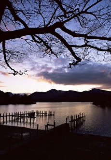 Keswick Prints: View across Derwent Water from lakeside path at dusk, Keswick, Lake District National Park