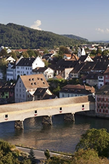 Footbridge Prints: View over Diessenhofen with historic wooden bridge