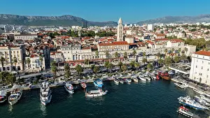Streets Prints: View of Diocletians Palace and waterfront in Split Croatia featuring historic buildings and boats