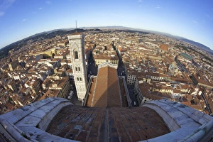 Fish Eye Lens Prints: View from the top of dome of Brunelleschi to the Campanile di Giotto