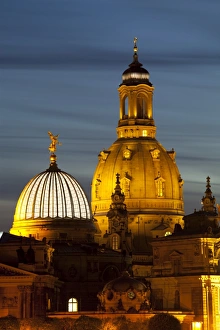 Protestantism Prints: View of the dome of the Frauenkirche at night, Dresden, Saxony, Germany, Europe