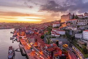 Porto Prints: View of Douro River and The Ribeira district from Dom Luis I bridge at sunset