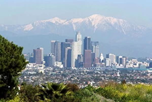 View of downtown Los Angeles looking towards San Bernardino Mountains, California