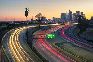 Motorway Prints: View of Downtown skyline and Mission Road at night, Los Angeles, California, United