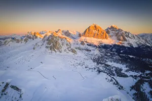 Mountain Pass Prints: View by drone of Giau Pass, Ra Gusela, Nuvolau, Averau and Tofane at sunrise in winter