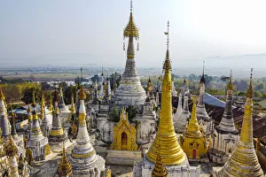 Shan State Prints: View by drone of pagodas, Inle Lake, Shan state, Myanmar (Burma), Asia