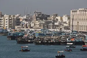 View of Dubai Creek, Deira, traditional dhow wharfage, Dubai, United Arab Emirates