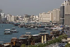 View of Dubai Creek, Deira, traditional dhow wharfage, Dubai, United Arab Emirates