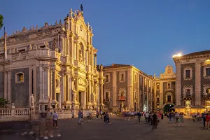 View of Duomo di Sant'Agata in Piazza Duomo at dusk, Catania, Sicily, Italy, Europe
