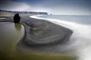 Reynisdrangar Prints: View from Dyrholaey towards the volcanic sand beach and rock stacks at Reynisdrangar