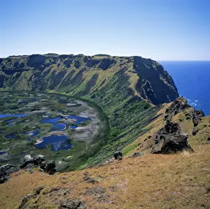Rano Kau Prints: View east along crater rim from Orongo ceremonial village of the Rano Kau crater