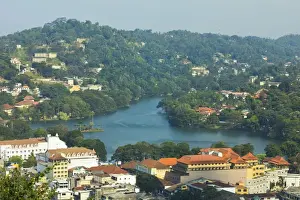 Sri Lanka Prints: View east to the lake and the white Queens Hotel on left and Kandy City Centre shopping complex in centre