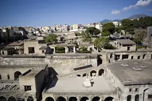 Herculaneum Prints: View over the Ecolano excavations with Mount Vesuvius in the background