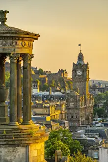 Calton Hill Prints: View of Edinburgh Castle, Balmoral Hotel and Dugald Stewart monument from Calton Hill