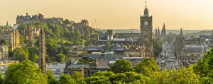 Princes Street Prints: View of Edinburgh Castle, Balmoral Hotel and Princes Street from Calton Hill at golden