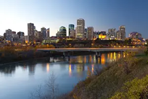 North Saskatchewan River Prints: View of the Edmonton Skyline reflected in the North Saskatchewan River, Edmonton