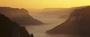 View from Eichfelsen Rock on Schloss Werenwag Castle and Danube Valley at sunrise, Upper Danube Nature Park View from Eichfelsen Rock on Schloss Werenwag Castle and Danube Valley at sunrise, Upper Danube Nature Park