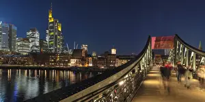 Hesse Prints: View from Eiserner Steg Bridge across Main River to the skyline of Frankfurt am Main