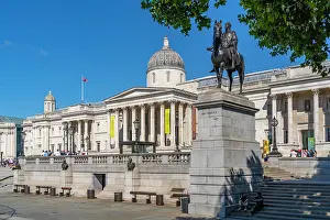 Sculptures Prints: View of Equestrian Statue of King George IV with National Gallery in Trafalgar Square in summer
