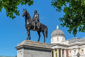 Westminster Prints: View of the equestrian statue of King George IV and National Gallery in Trafalgar Square during summer in London