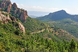 Route Prints: View from the Esterel Massif showing rocky terrain and green hills in Provence-Alpes-Cote dAzur region of France