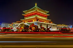 View of famous Bell Tower in Xi an city centre at night, Xi an, Shaanxi Province