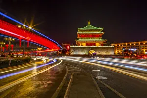 Xian Prints: View of famous Bell Tower in Xi an city centre at night, Xi an, Shaanxi Province