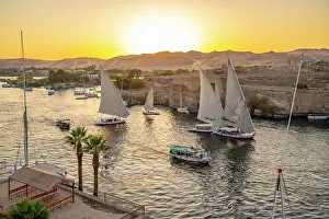 Nubia Prints: View of fellucas on the Nile river from Feryal Garden during golden hour