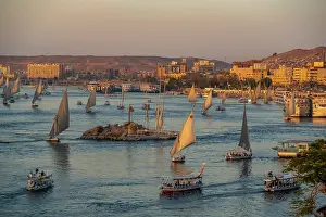 Nubia Prints: View of fellucas on the Nile river from Feryal Garden during golden hour
