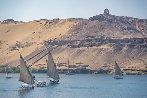 Nubia Prints: View of fellucas on the Nile river on a sunny day