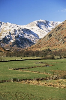 View across fields to valley head in winter, Great Langdale, Lake District National Park