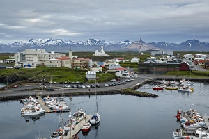 Industrial Prints: View over the fishing port and houses at Stykkisholmur