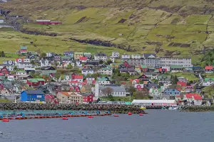 Pastures Prints: View of the fishing town of Westmanna on the west side of Streymoy Island in the Faroe Islands