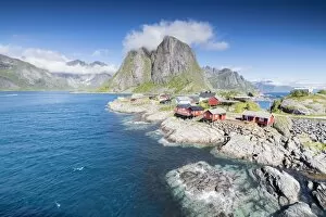 Nordland County Gallery: Top view of the fishing village framed by blue sea and high peaks Hamnoy, Moskenesoya
