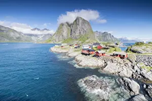 Hamnoy Prints: Top view of the fishing village framed by blue sea and high peaks Hamnoy, Moskenesoya