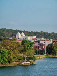 Roofs Prints: View of Flores Island from Santa Elena in Peten Department, Guatemala during clear weather