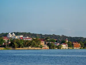 Quiet Prints: View of Flores Island from Santa Elena in Peten Department of Guatemala on a clear day