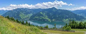 Foreground Prints: View of flowers, meadows and mountains from Plettsaukopf Reservoir on a sunny day