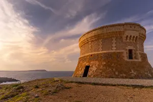 Menorca Prints: View of Fornelles Tower fortress and Mediterrainean Sea at sunset in Fornelles