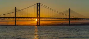 Connections Prints: View of the Forth Road Bridge and Queensferry Crossing over the Firth of Forth at sunset