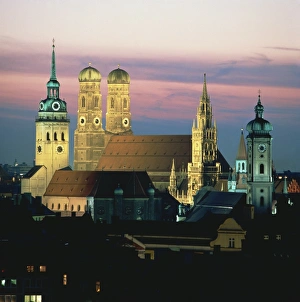 Towers Prints: View of Frauenkirch and city at night, Munich, Bavaria, Germany, Europe