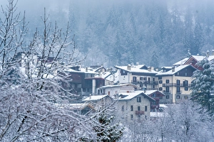 Chalets Prints: View of frosted trees and chalets in Dolonne during winter