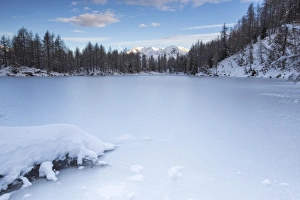 Sondrio Prints: View of the frozen Lago Azzurro surrounded by snow at dawn