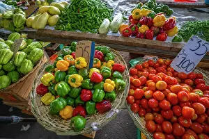 Produce Prints: View of fruit stall selling peppers and tomatoes on market near bus station
