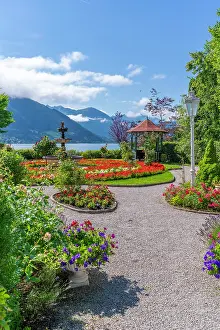 Terrace Prints: View of garden overlooking Lake Zell in Zell am See on a sunny day