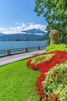 Bloom Prints: View of garden overlooking Lake Zell in Zell am See on a sunny day