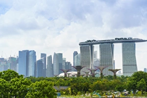View over the Gardens by the Bay to the three towers of the Marina Bay Sands Hotel