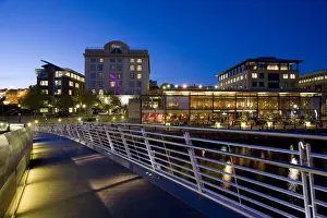 View from Gateshead Millennium Bridge at night towards buildings on Newcastle quayside including Hotel Malmaison and The Pitcher and Piano bar, Newcastle-upon-Tyne, Tyne and Wear, England, United